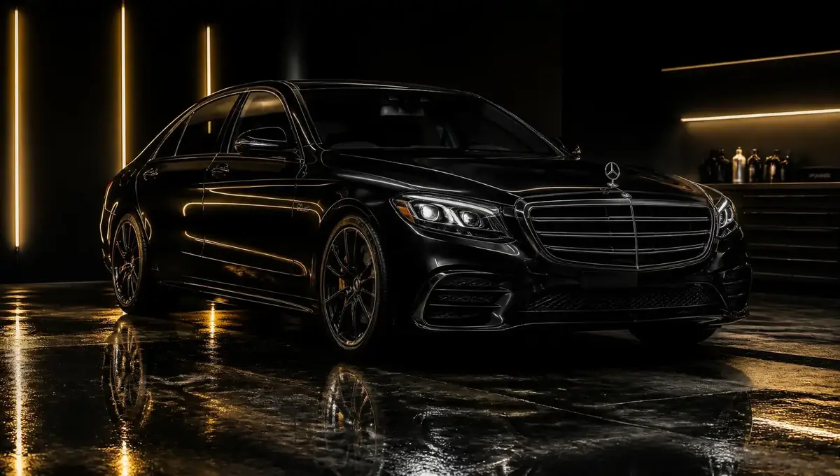Black luxury sedan with a flawless mirror finish inside a professional detailing studio
